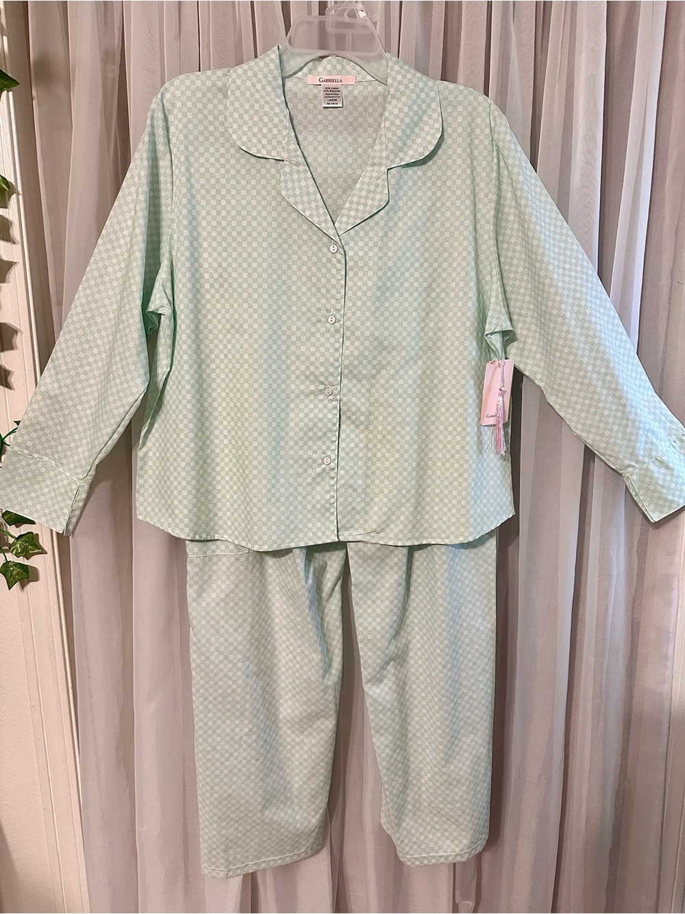 Gabriella Mint Checkered Lightweight Button Down Cargo Pant Pajama Set Size L
